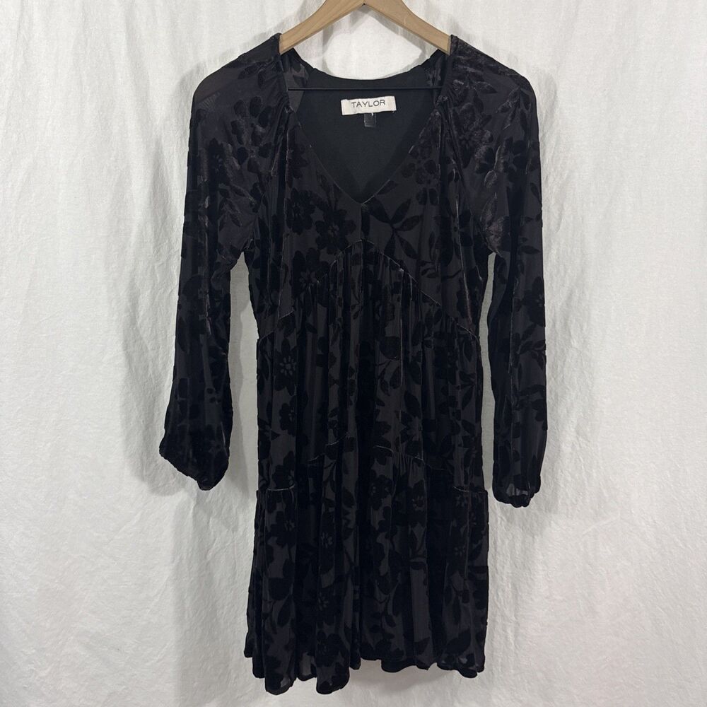 Taylor Burnout Velvet Floral Dark Romantic Babydoll Dress Womens 6 Plum Brown?